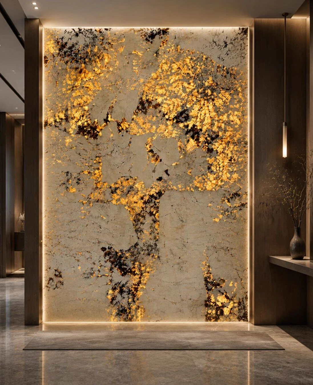 Backlit Luxury Stone feature wall in a contemporary interior